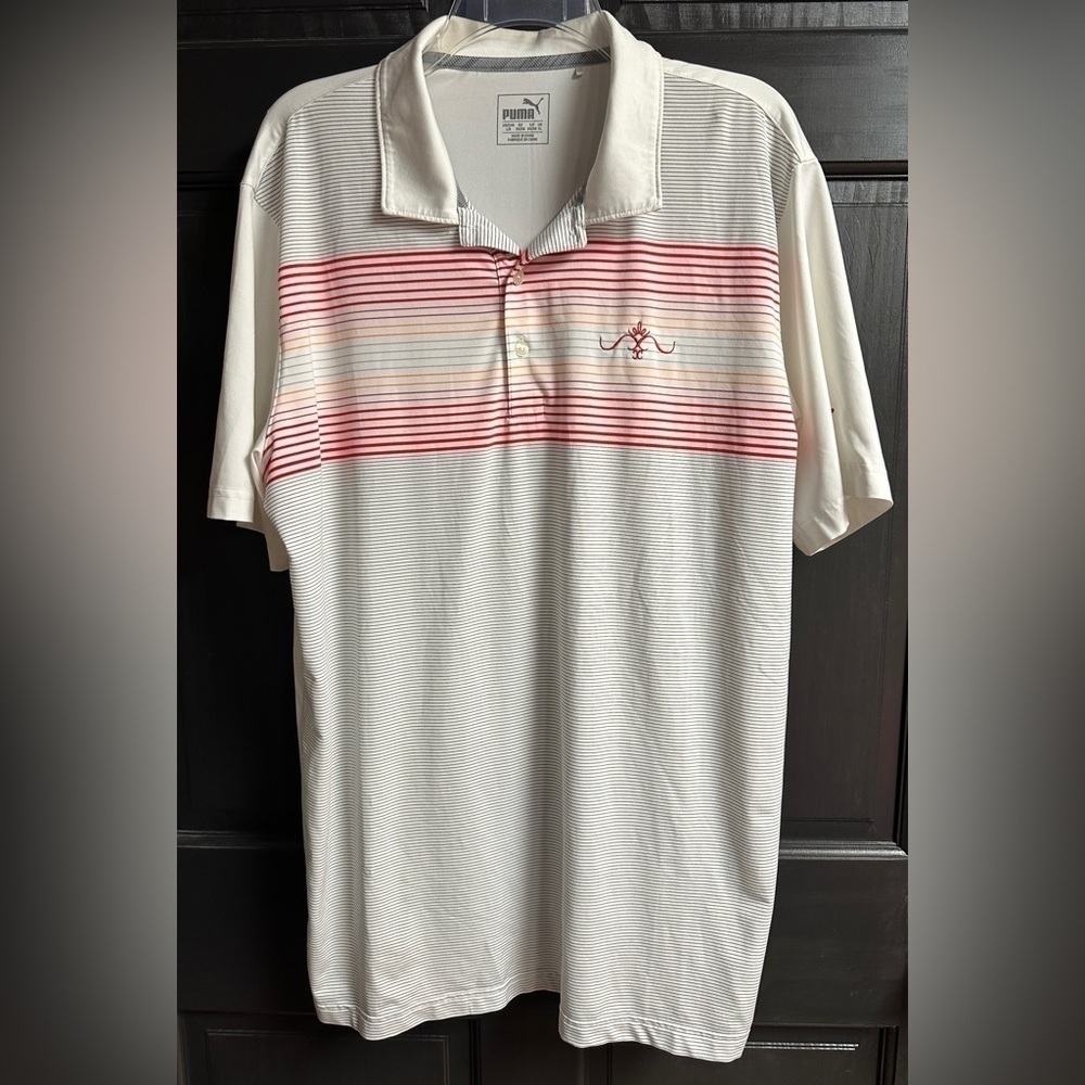 Puma Golf Polo Shirt Men’s Size Large White With Thin Multi Color Stripes